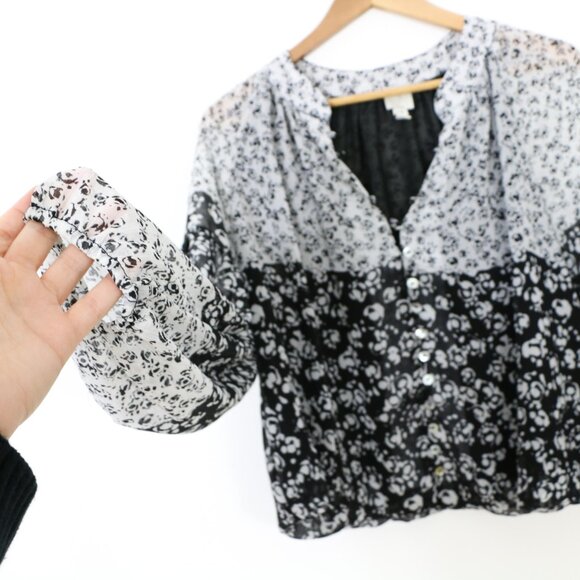 *Joie Black White Floral Chiffon Light Weight Peasant Top Puff Sleeves Blouse - Picture 6 of 8